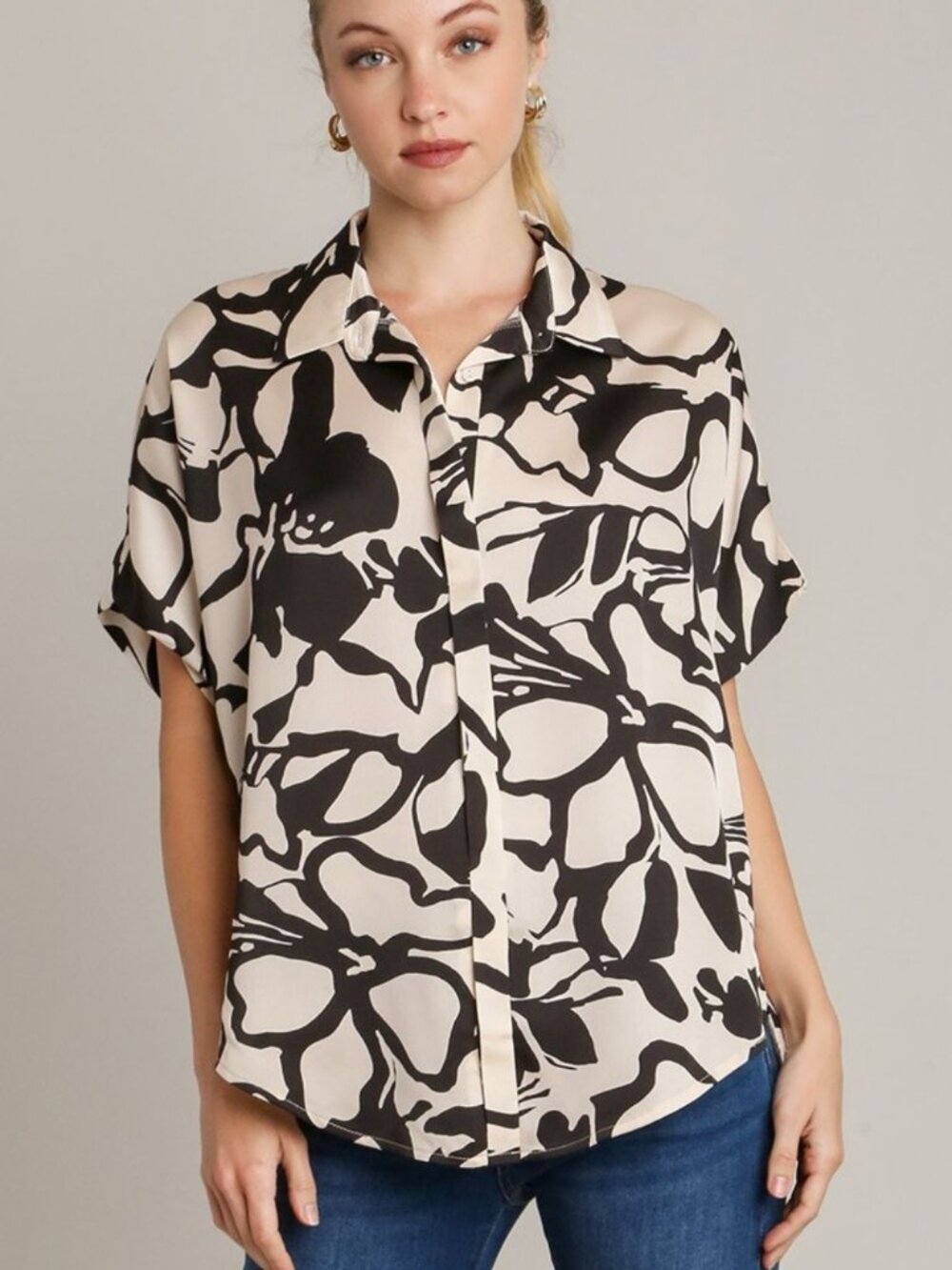 Umgee  Two Tone Print Button Down Top with Hidden Plackets